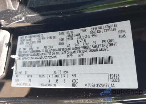 2016 Ford Escape Se z USA, uszkodzony, nr VIN 1FMCU9GX3GUC72596